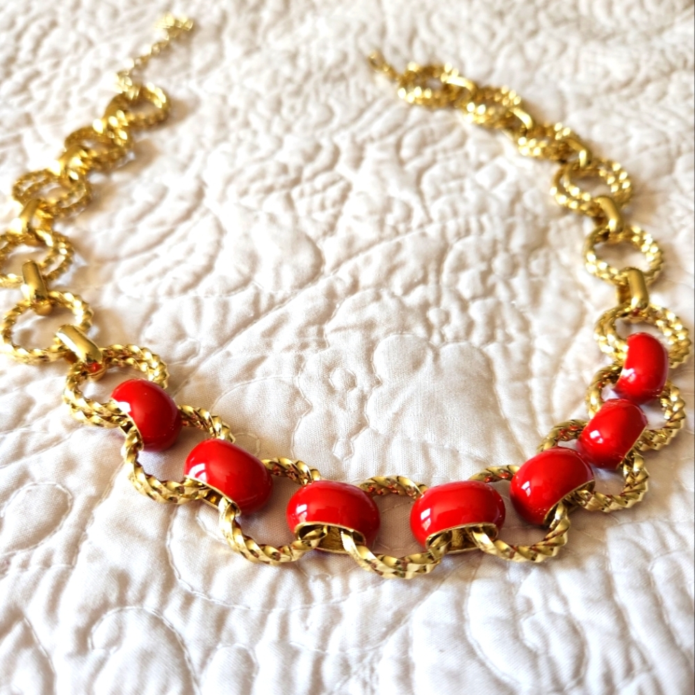 Gold with red chain link necklace